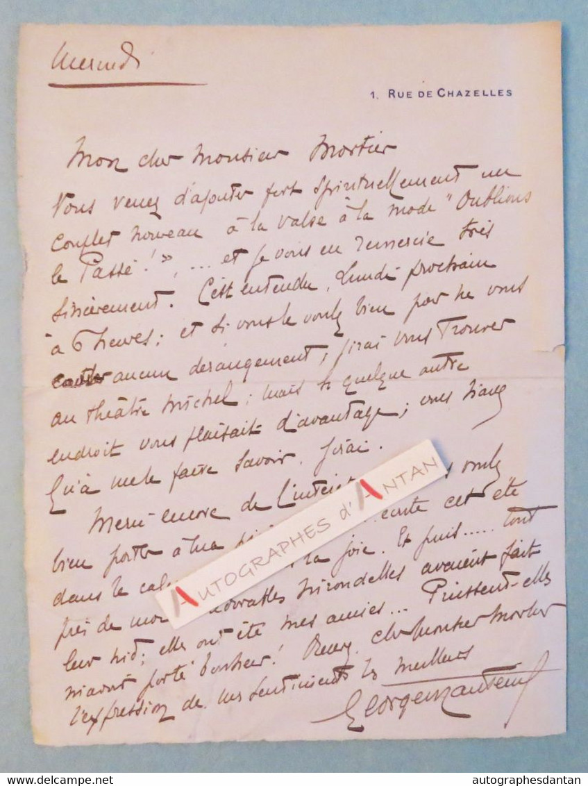 ● L.A.S Georges NANTEUIL Romancier Dramaturge à M. MORTIER - Valse "Oublions Le Passé" Théâtre Michel Lettre Autographe - Writers