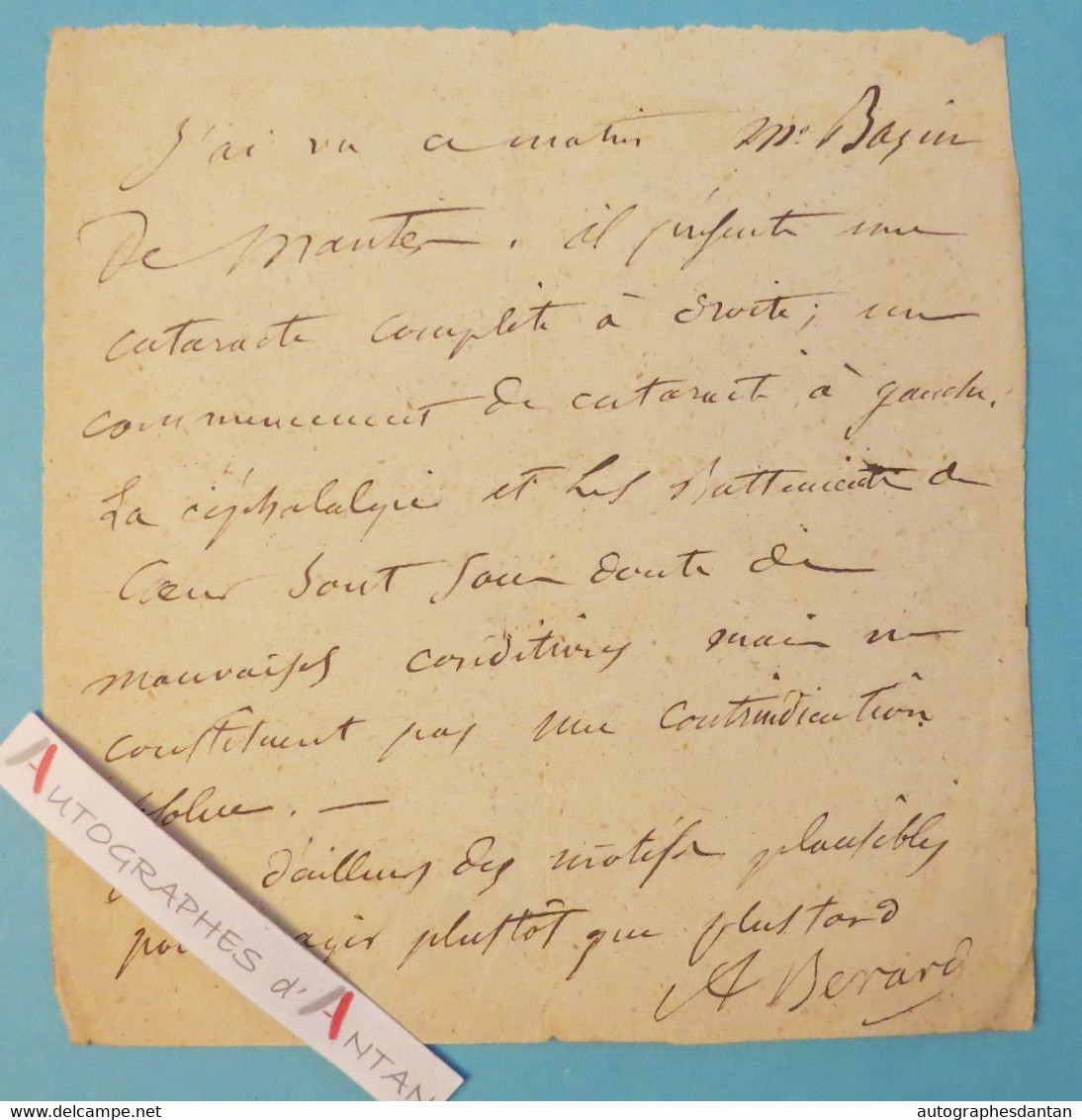 ● Auguste BERARD Chirurgien Né à Varrains (Maine Et Loire) - Bazin - Billet / L.A.S Lettre Autographe Médecine Cataracte - Inventeurs & Scientifiques