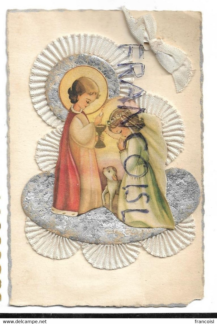 Carte à Broderie. Christ, Communiante, Agneau, Ruban - Communion