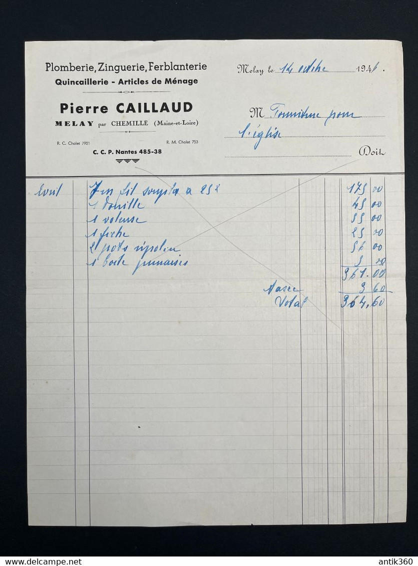 Lot De 2 Factures Anciennes Plomberie Zinguerie Ferblanterie Quincaillerie Pierre CAILLAUD Melay Chemillé En Anjou 1946 - 1900 – 1949