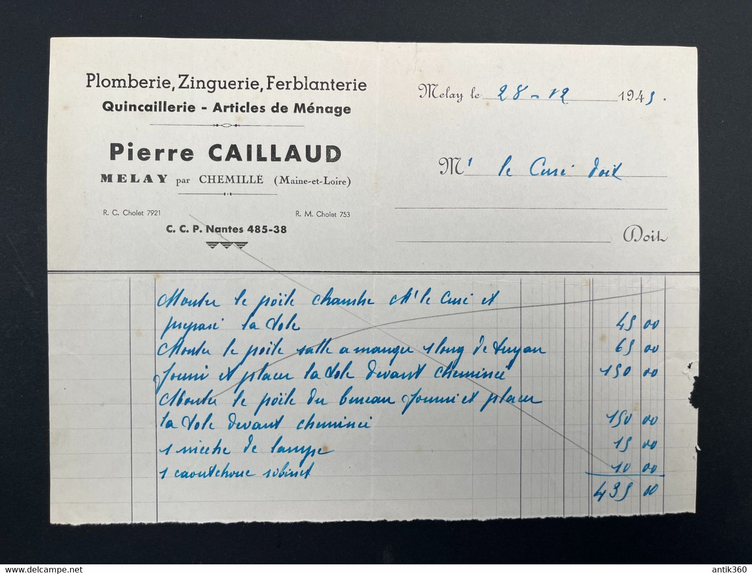 Lot De 2 Factures Anciennes Plomberie Zinguerie Ferblanterie Quincaillerie Pierre CAILLAUD Melay Chemillé En Anjou 1946 - 1900 – 1949