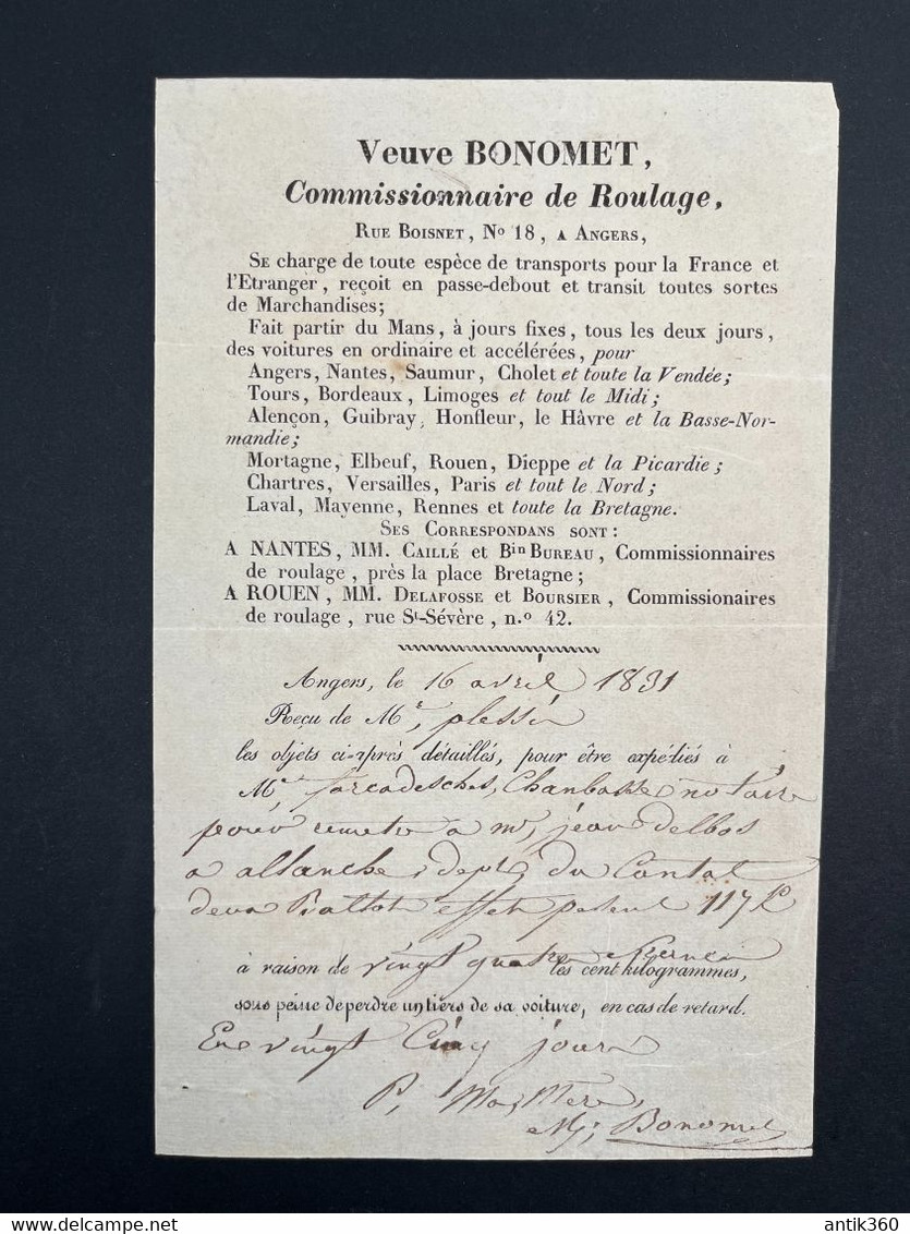 Facture Ancienne XIXe 1831 Veuve BONOMET Commissionnaire De Roulage Rue Boisnet Angers - 1800 – 1899