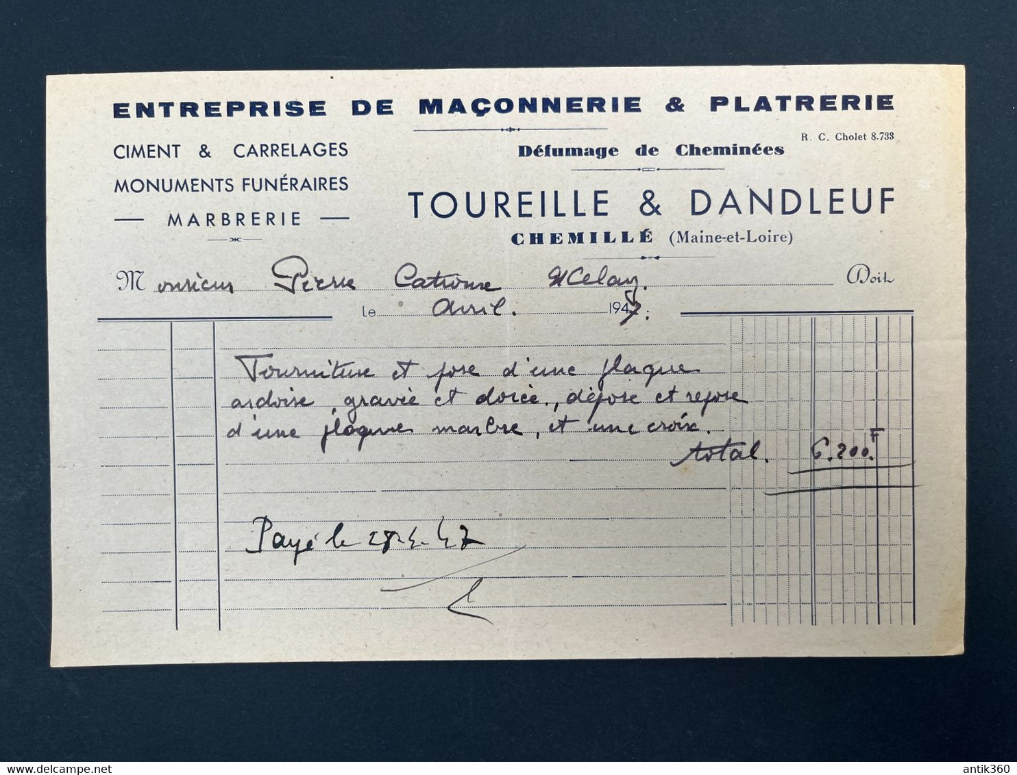Facture Ancienne Entreprise De Maçonnerie Et Plâtrerie TOUREILLE ET DANDLEUF Chemillé En Anjou 1947 - 1900 – 1949
