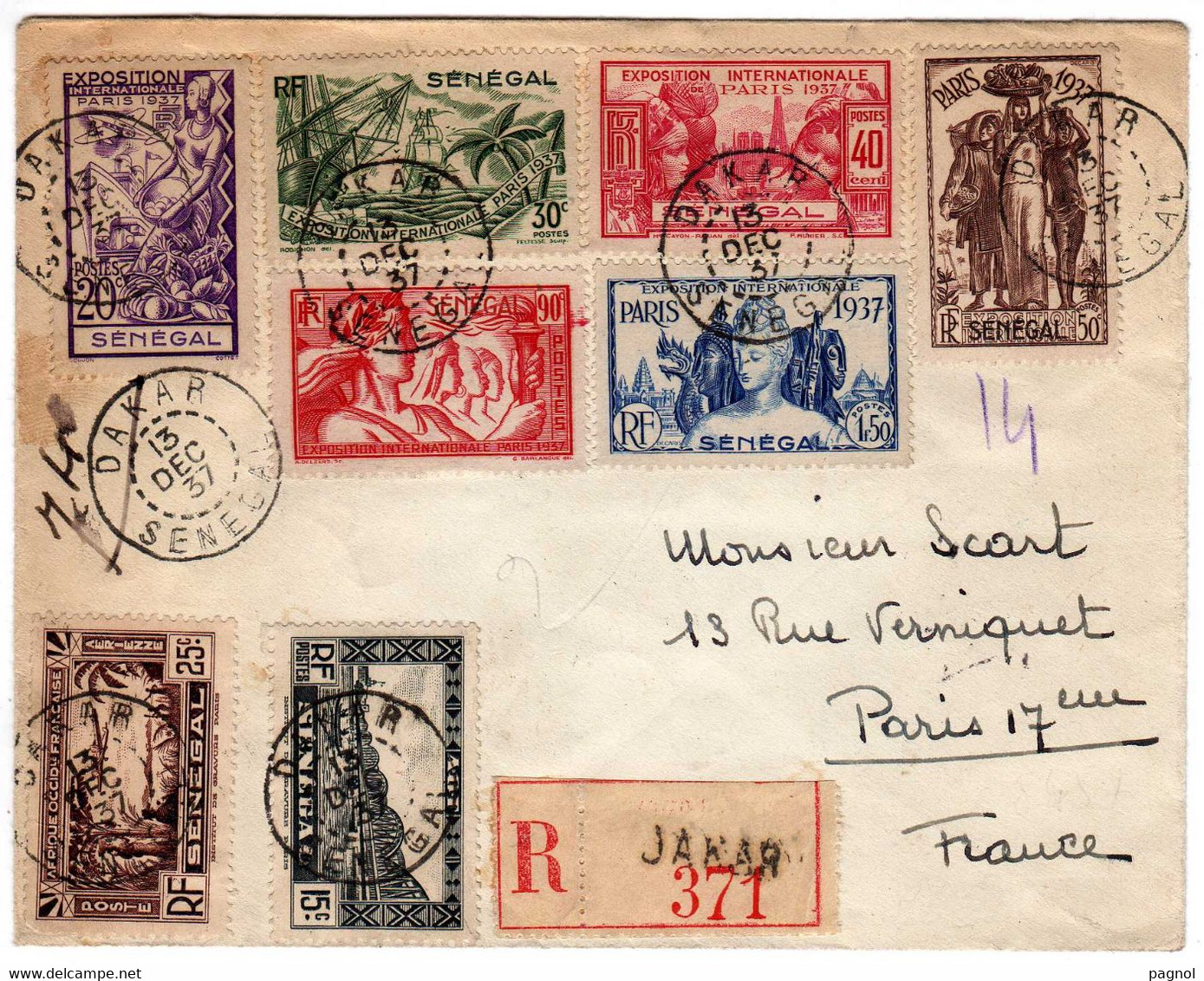 Sénégal : Exposition Internationale Paris 1937 : Lettre Rec. Dakar - Storia Postale