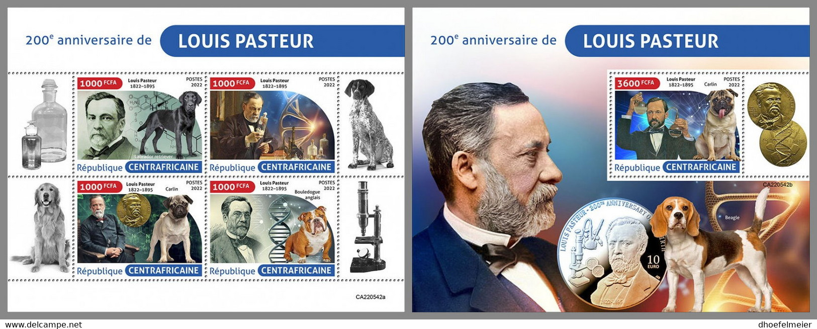CENTRALAFRICA 2022 MNH Louis Pasteur M/S+S/S - OFFICIAL ISSUE - DHQ2247 - Louis Pasteur