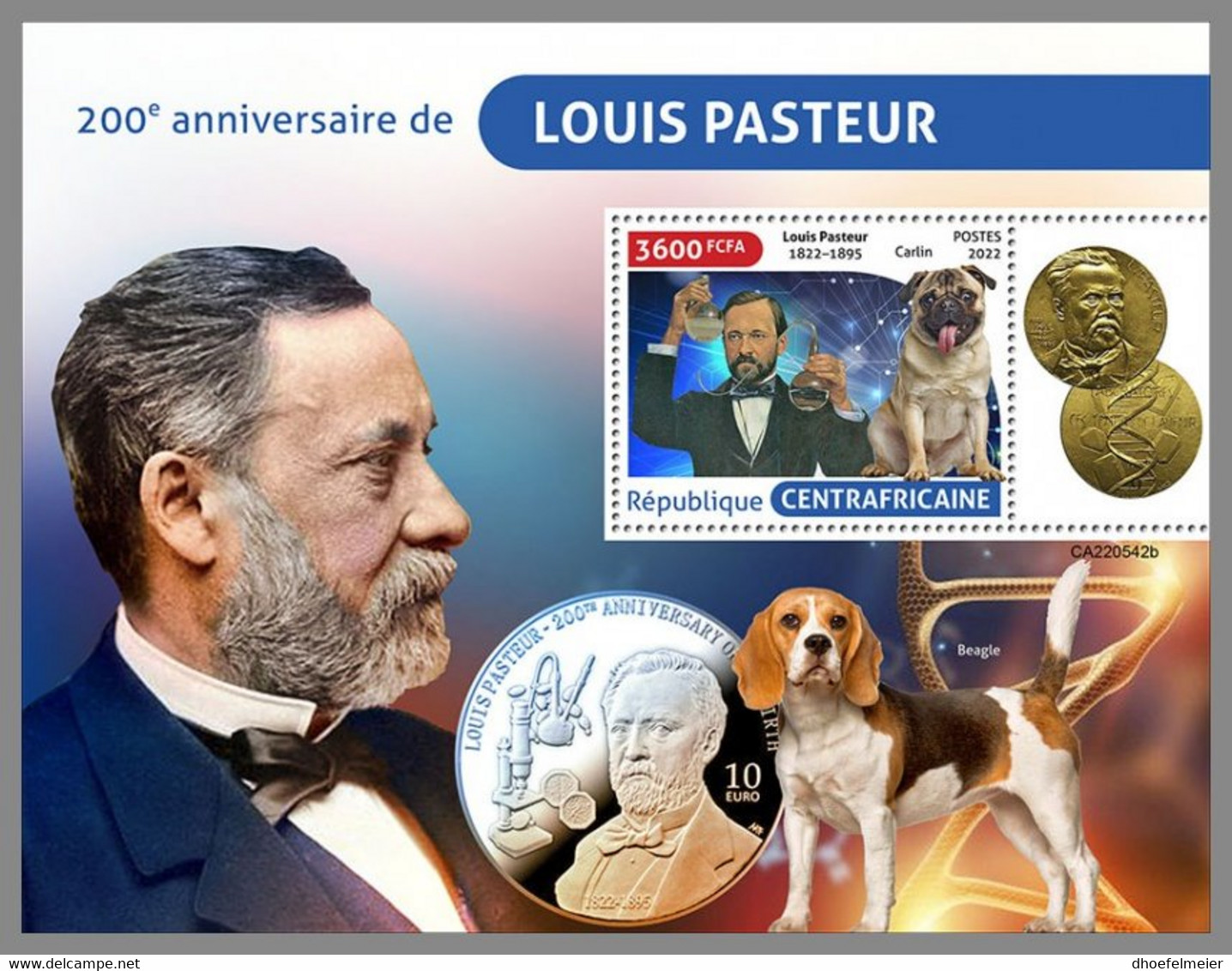 CENTRALAFRICA 2022 MNH Louis Pasteur S/S - IMPERFORATED - DHQ2247 - Louis Pasteur