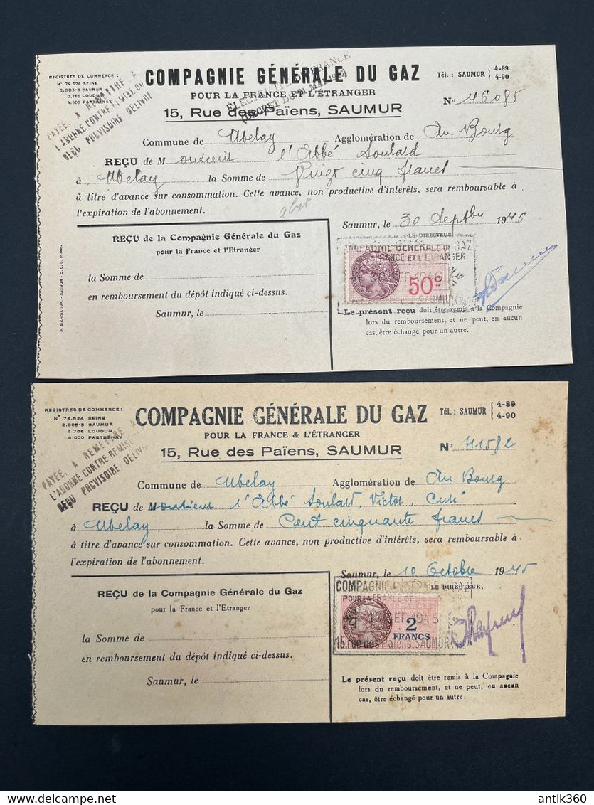 Lot De 2 Factures Anciennes Compagnie Générale Du Gaz Saumur 1945 - 1900 – 1949