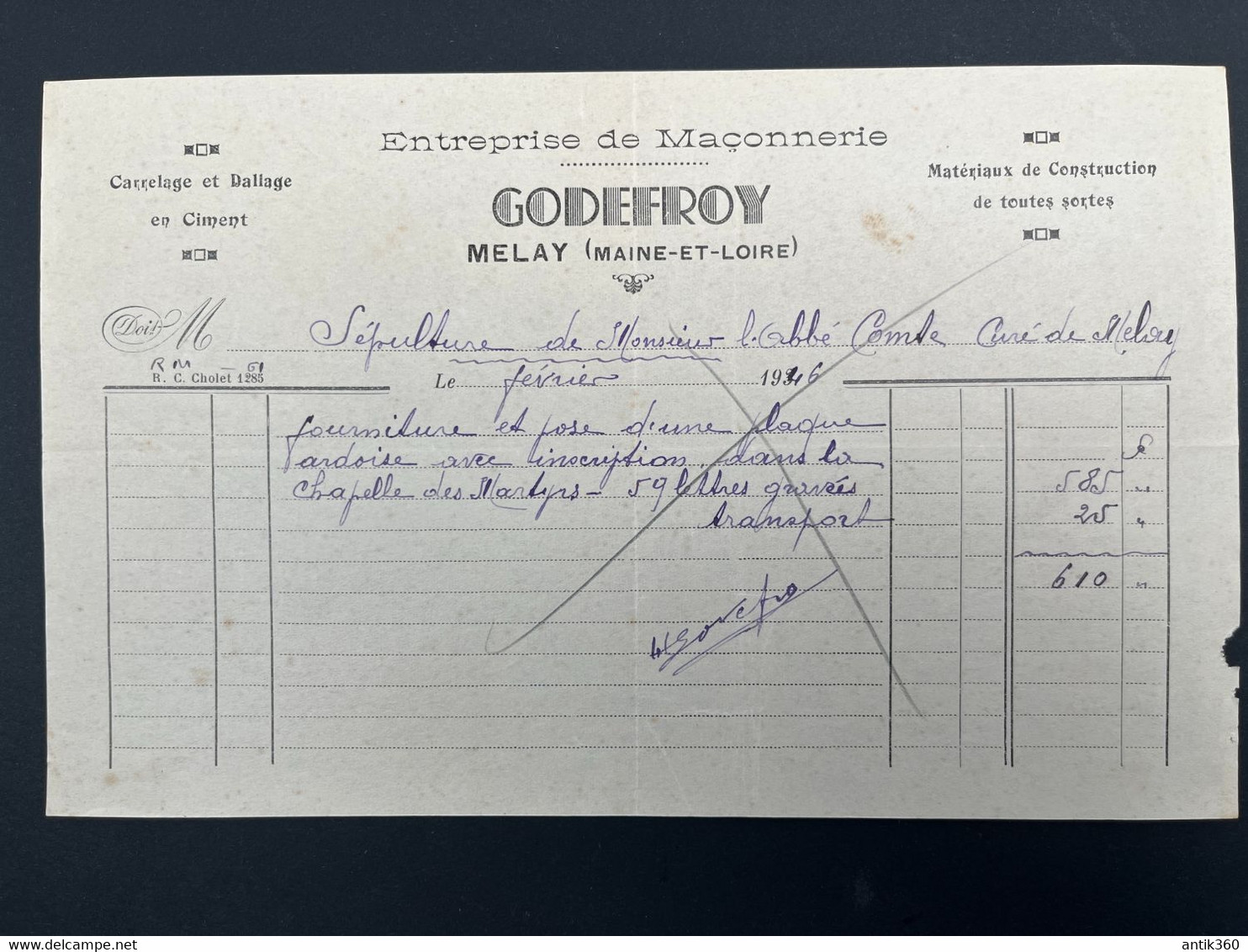 Facture Ancienne Entreprise De Maçonnerie GODEFROY Melay Chemillé En Anjou 1946 - 1900 – 1949