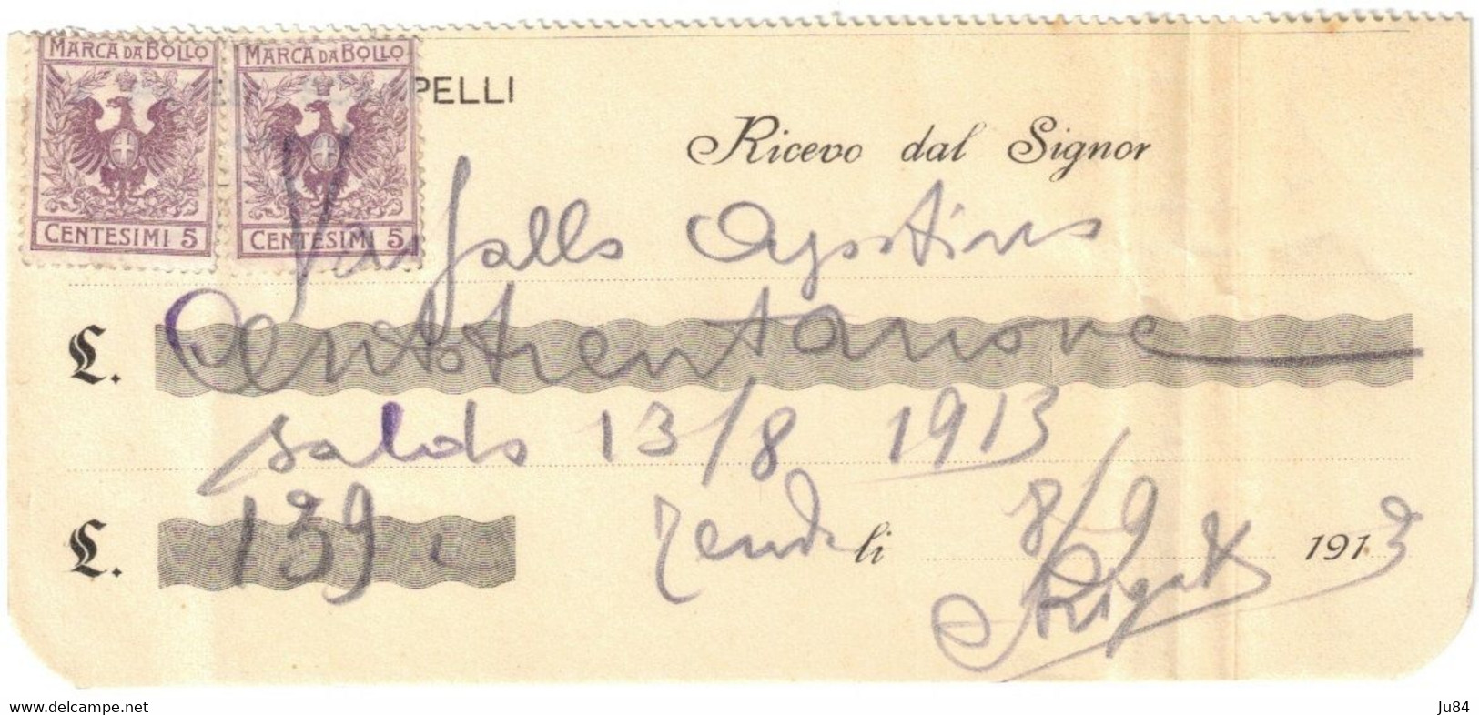 Italie - Reçu Avec Timbres Fiscaux - 8 Septembre 1913 - Steuermarken