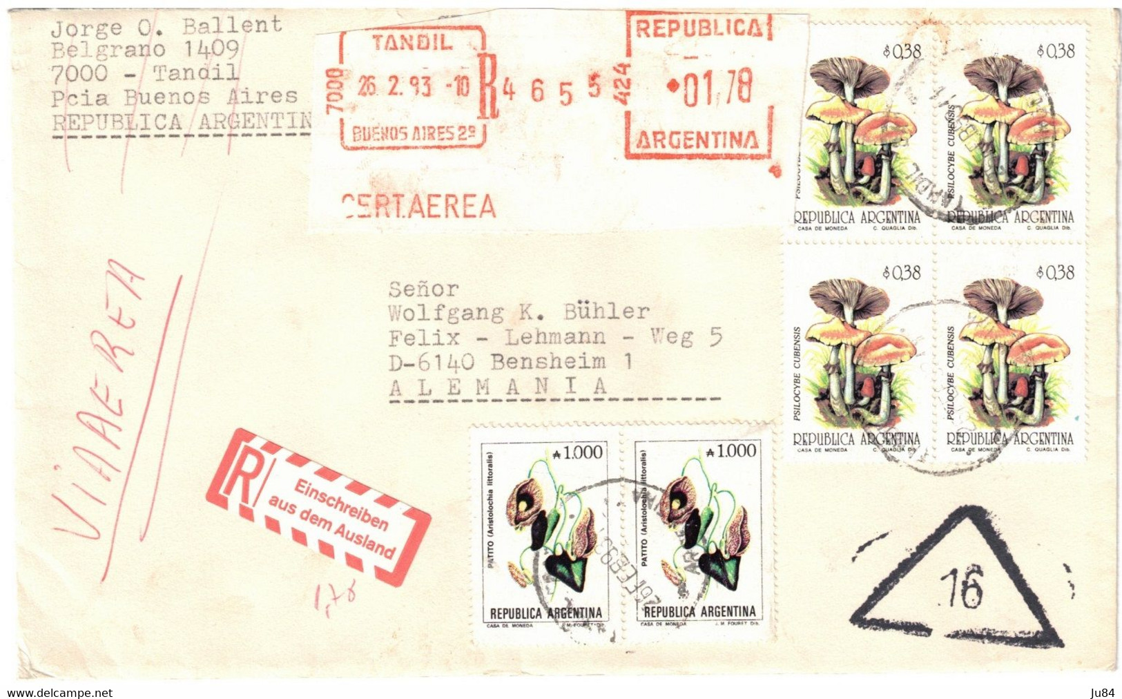 Argentina - Argentine - Buenos Aires - Lettre Recommandée Avion Pour L'Allemagne (Germany) - Champignons & Fleurs - 1993 - Briefe U. Dokumente