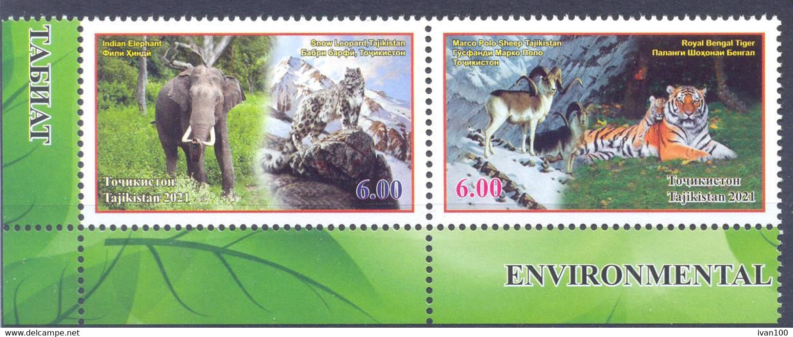 2021. Tajikistan, Environment Protection, Tiger, Elephant, 2v Perforated, Mint/** - Tadschikistan