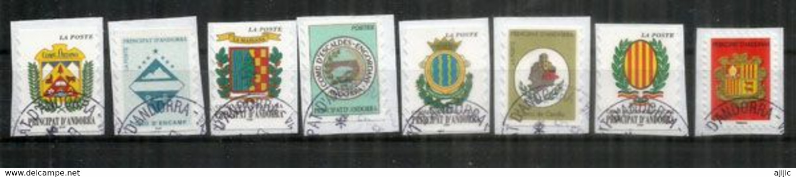 Armoiries Des 8 Paroisses D'Andorre, Timbres Adhésifs Oblitérés 1 ère Qualité, Sur Fragments Lettres.Série Complète. - Used Stamps