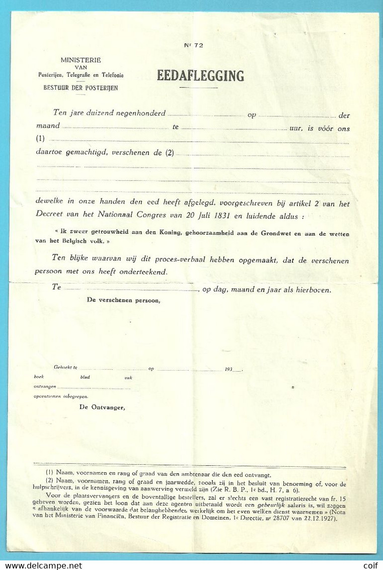 PRESTATION DE SERMENT Met Fiscale Zegel Stempel BRAINE-L'ALLEUD Op 11/5/1934 - Documentos