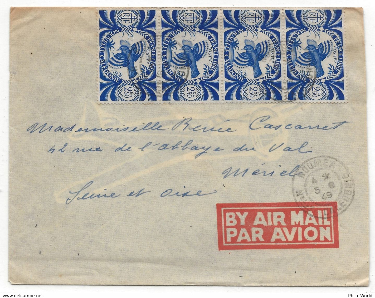 NOUVELLE CALEDONIE 1949 Lettre Par Avion 10 F NOUMEA > MERIEL Seine Et Oise France Via POINTE A PITRE - Brieven En Documenten