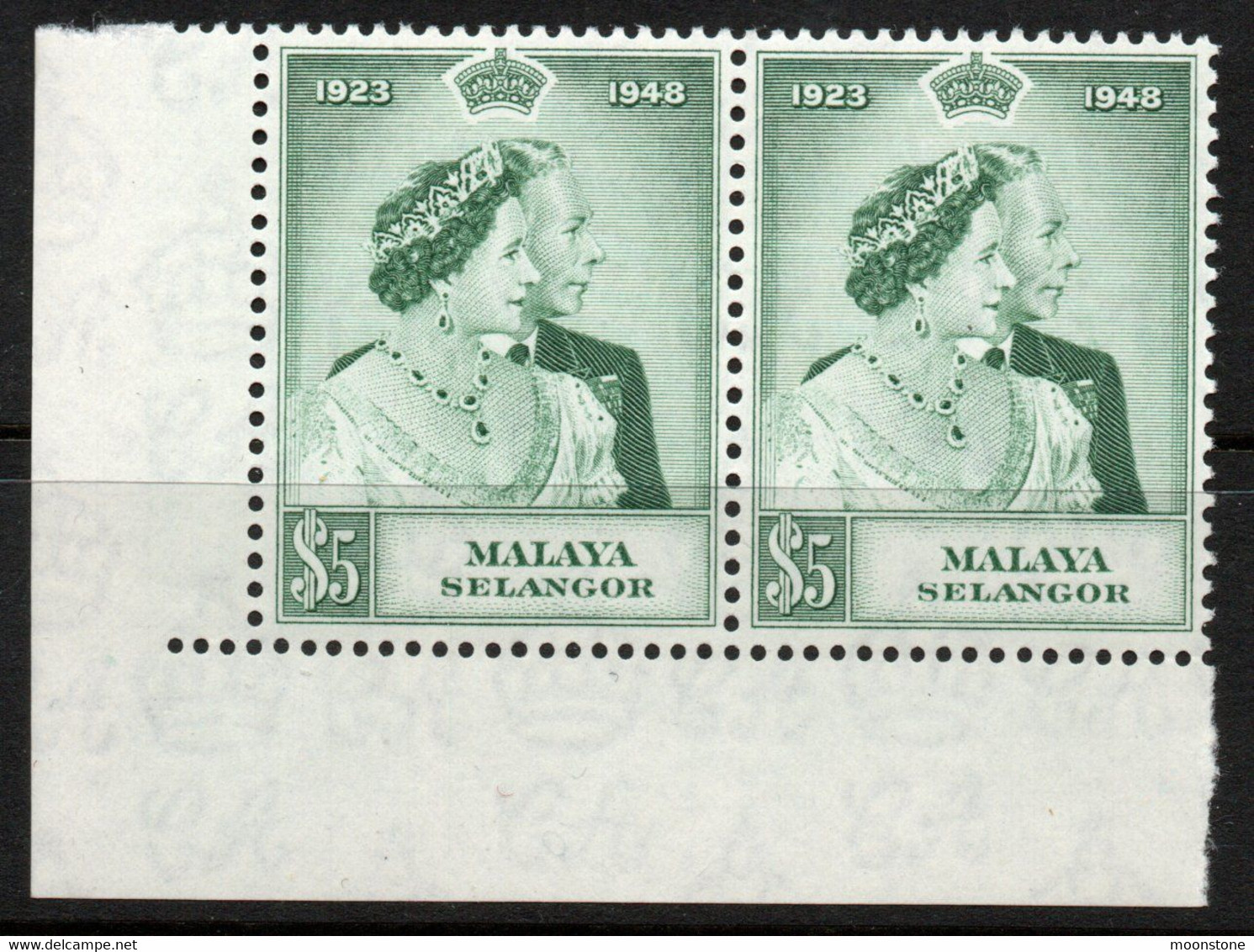 Malaya Selangor 1948 Royal Silver Wedding RSW $5 Corner Marginal Pair, MNH, SG 89 (MS) - Selangor