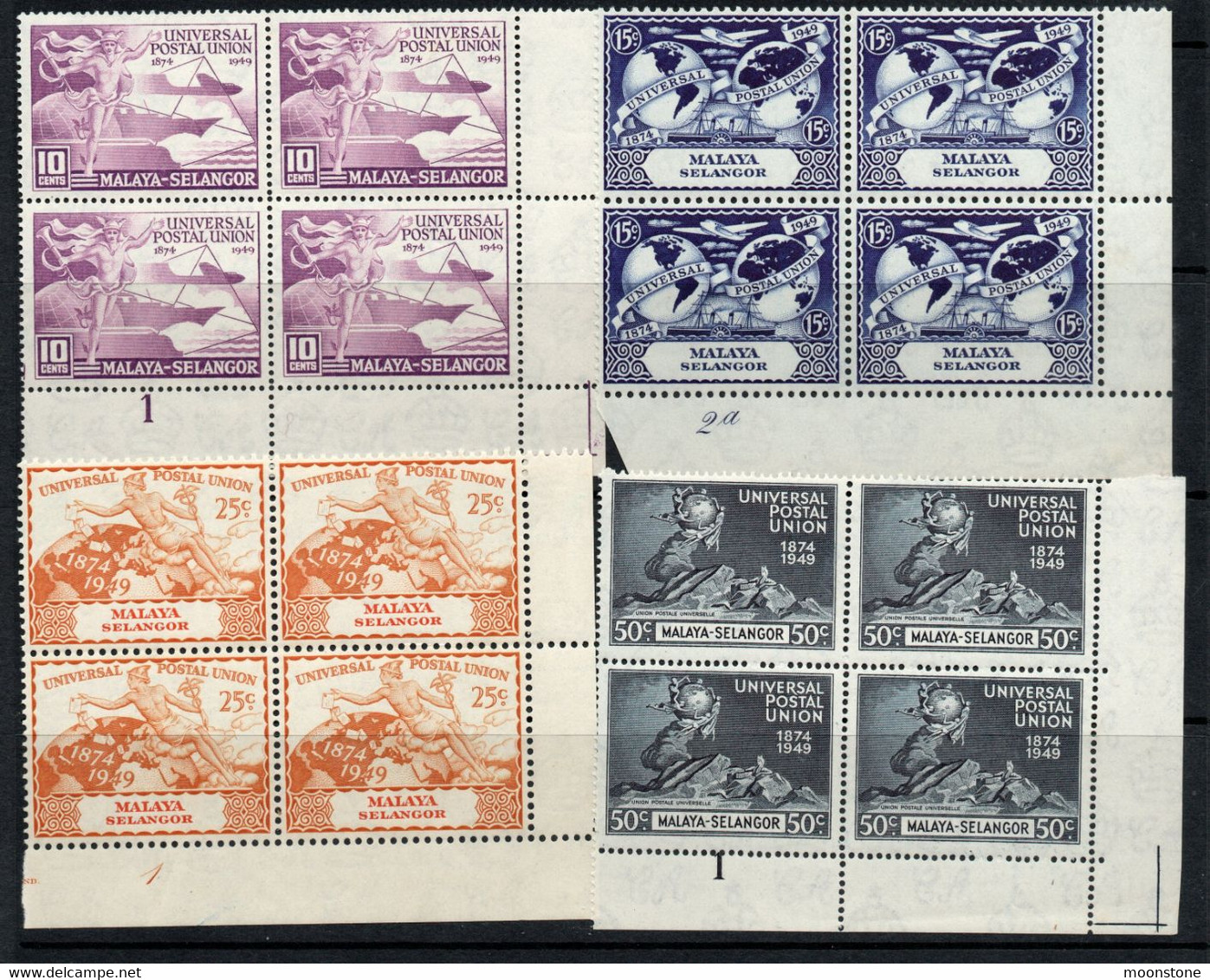 Malaya Selangor 1949 UPU Set Of 4 In Corner Marginal PLATE Blocks, MNH (25c Value Has Creases), SG 111/4 (MS) - Selangor