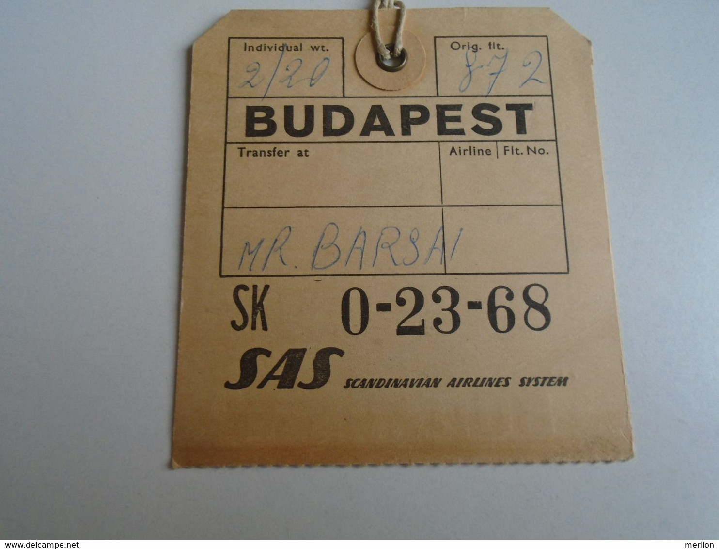 AV212.2   Luggage Label  - Scandinavian Airlines  - To  BUDAPEST  Ca 1960 - Zertifikate