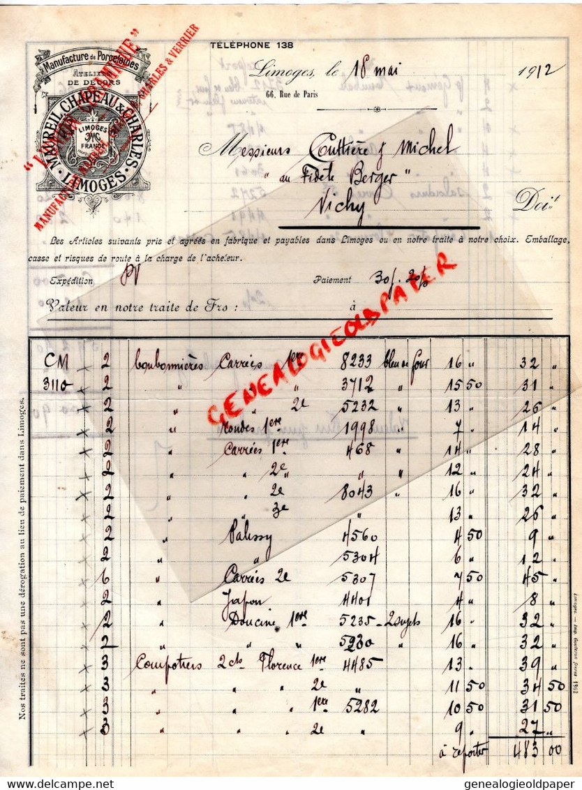 87- LIMOGES- FACTURE MAUREIL CHAPEAU CHARLES  VERRIER- MANUFACTURE PORCELAINE -66 RUE DE PARIS-1912-COUTTIERE VICHY - Textile & Clothing