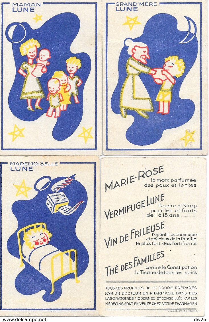 Publicité Pharmaceutique - Jeu Des Familles - Lot De 3 Cartes Vermifuge Lune: Grand'Mère, Mademoiselle, Maman - Sonstige & Ohne Zuordnung