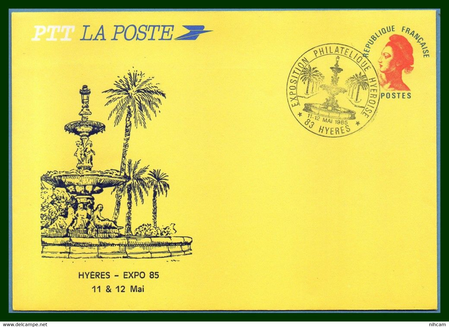 Entier Env. Repiqué HYERES 1985 BT Bureau Temporaire Exposition Philatélique, Fontaine Godillot - Overprinted Covers (before 1995)