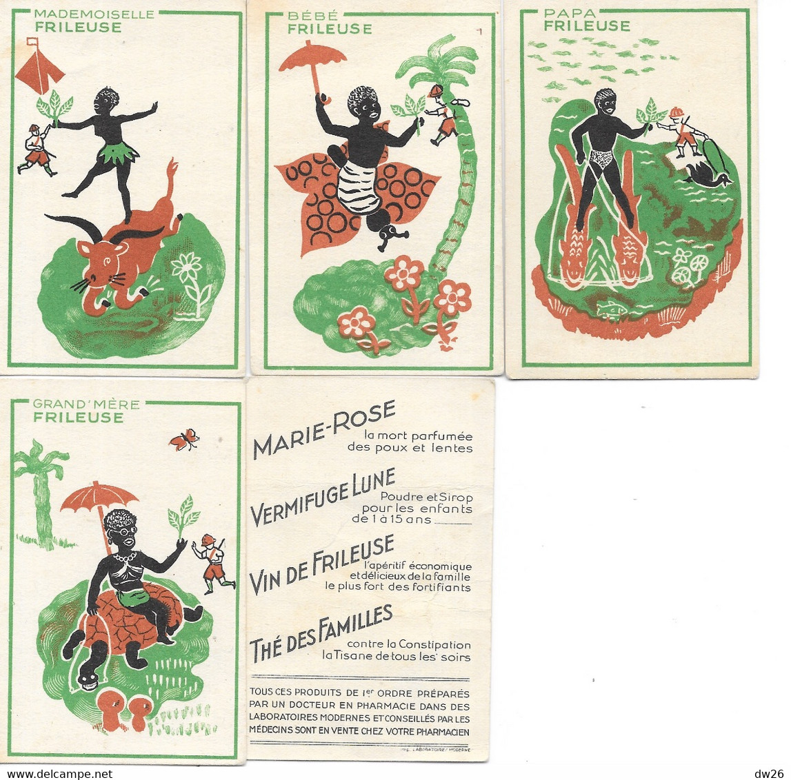 Publicité Pharmaceutique - Jeu Des Familles - Lot De 4 Cartes Vin De Frileuse: Grand'Mère, Mademoiselle, Papa, Bébé - Sonstige & Ohne Zuordnung