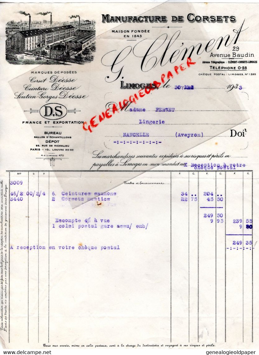 87- LIMOGES- RARE FACTURE G. CLEMENT MANUFACTURE CORSETS-CORSET LINGERIEDEESSE-29 AVENUE BAUDIN-1933-MME PERSET NANCELLE - Textile & Vestimentaire