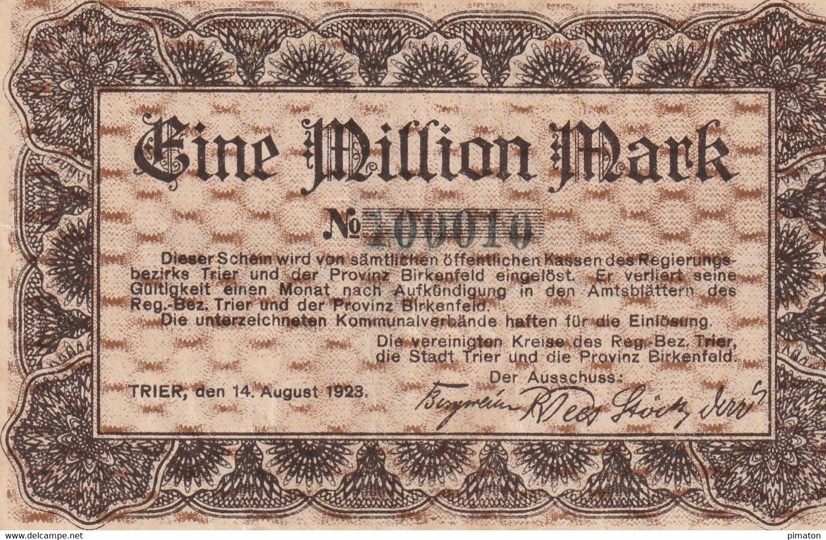 Billet De Necessité Allemand  - Eine Million Mark  Provinz Birkenfeld   1923 - 1 Mio. Mark