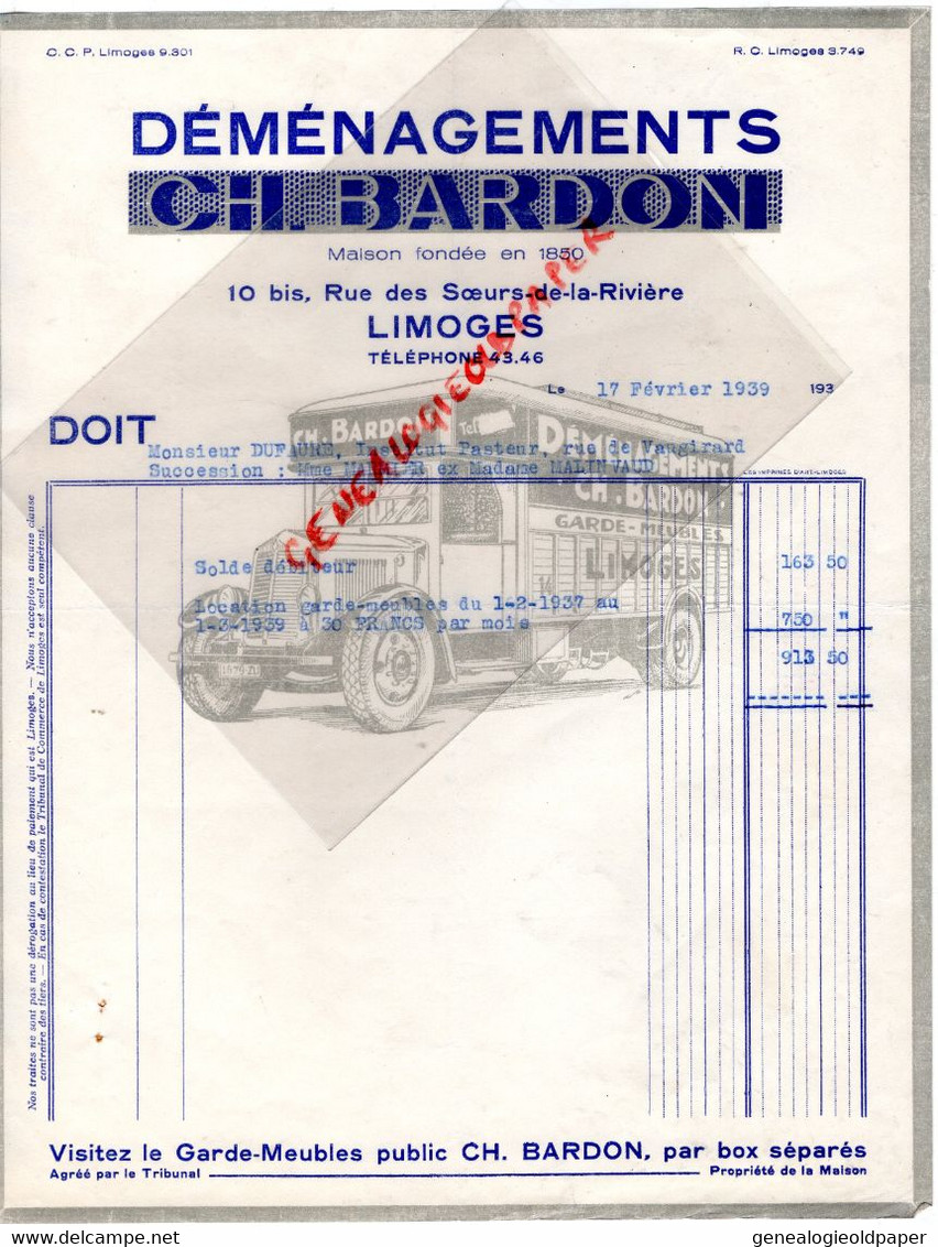 87-  LIMOGES- RARE LETTRE EN TETE CH. BARDON  GARDE MEUBLES PUBLIC-DEMENAGEMENTS-10 BIS RUE DES SOEURS LA RIVIERE-1939 - Transport