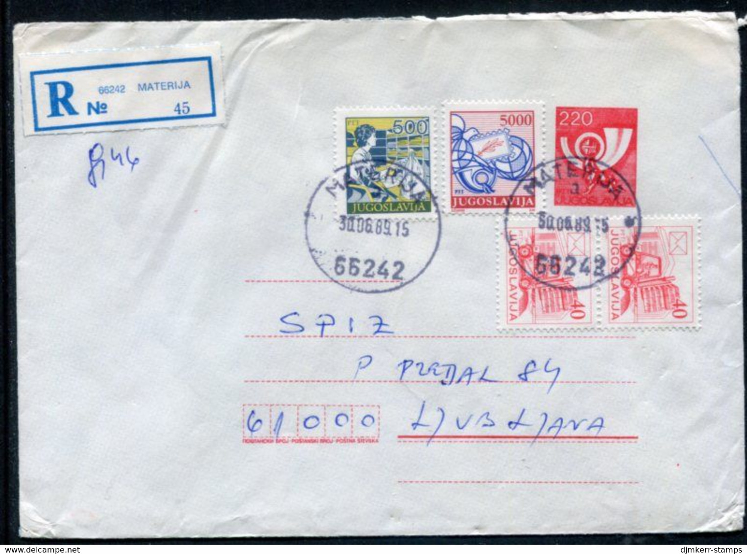 YUGOSLAVIA 1988 Posthorn 220 D.stationery Envelope Registered With Additional Franking.  Michel U83 - Entiers Postaux