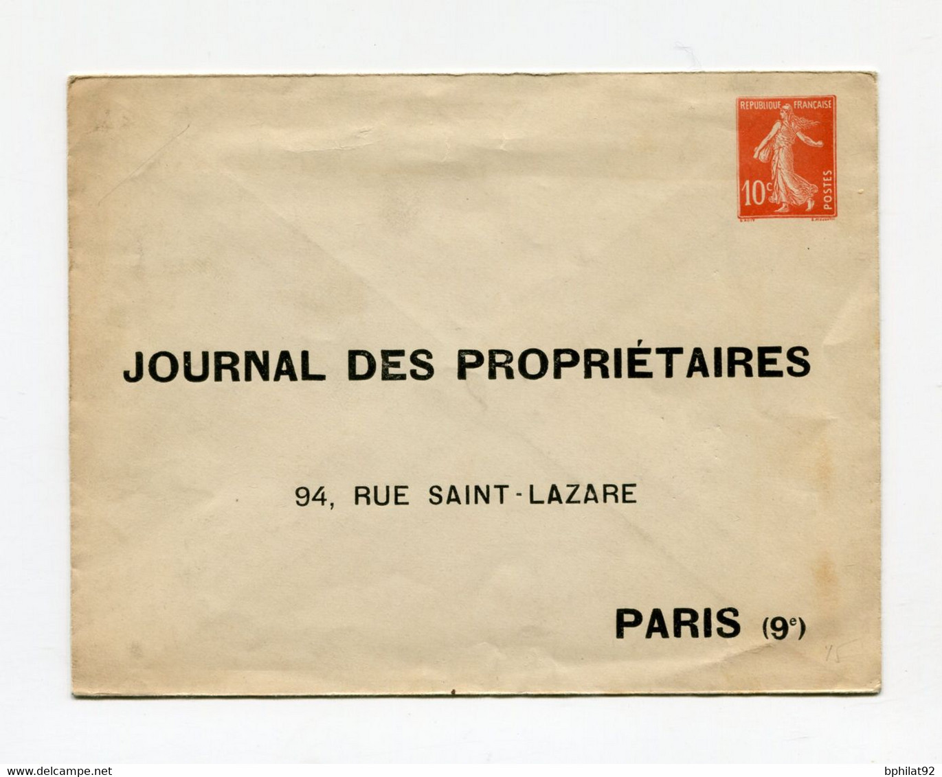 !!! ENTIER POSTAL 10C SEMEUSE AVEC REPIQUAGE JOURNAL DES PROPRIETAIRES - Umschläge Mit Aufdruck (vor 1995)