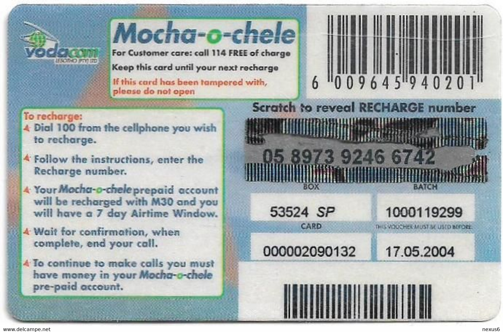 Lesotho - Vodacom - Mocha-o-chele M30, Exp.17.05.2004, GSM Refill 30M, Used - Lesoto