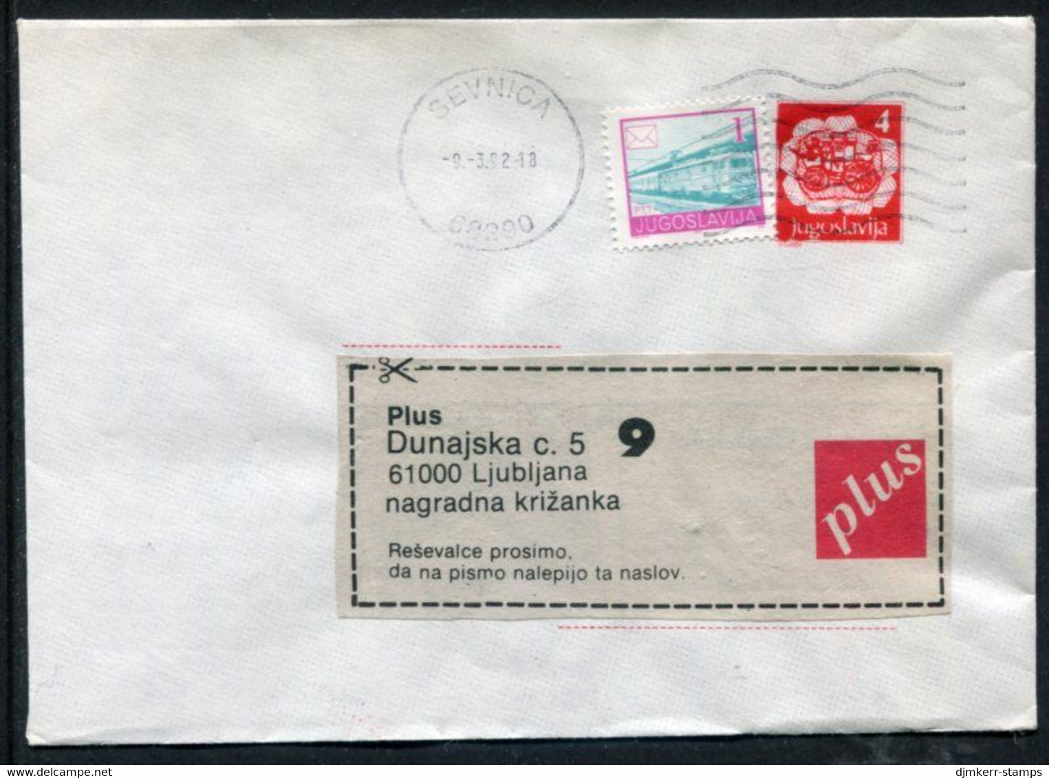 YUGOSLAVIA 1991 Mailcoach 4 D. Stationery Envelope Used With Additional Franking.  Michel U98 - Postal Stationery