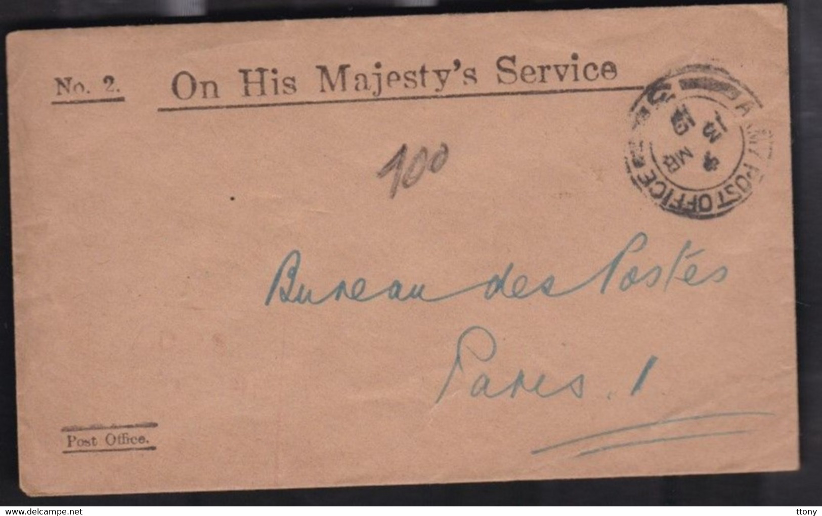 Une Enveloppe N° 2  On His Majesty' S  Service   Année 1919 - Other & Unclassified