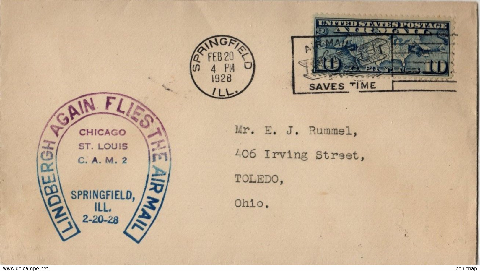 (R57)Scott C7 - Lindbergh Again Flies The Air Mail - Springfield (Ill) - Toledo (Ohio) - Chicago - St Louis C.A.M.2 1923 - 1c. 1918-1940 Covers