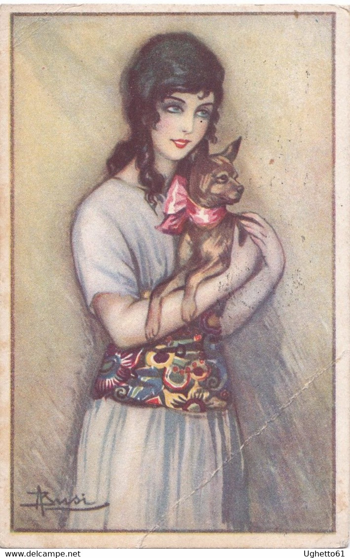 Adolfo Busi, Illustratore - Bella Cartolina Donna Con Cane Viaggiata 1919 - Busi, Adolfo