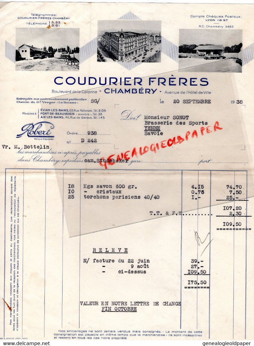 73- CHAMBERY- EVIAN-PONT BEAUVOISIN-AIX LES BAINS-FACTURE COUDURIER FRERES-QUINCAILLERIE DROGUERIE-M. SONOT CAFE YENNE - Lebensmittel