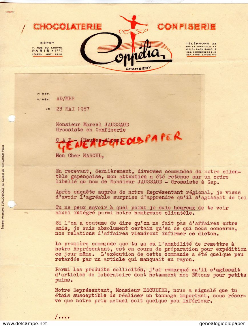 73- CHAMBERY- RARE LETTRE CHOCOLATERIE CONFISERIE COPPELIA-1957-DANSEUSE DANSE-MARCEL JAUSSAUD GAP CHOCOLAT - Lebensmittel