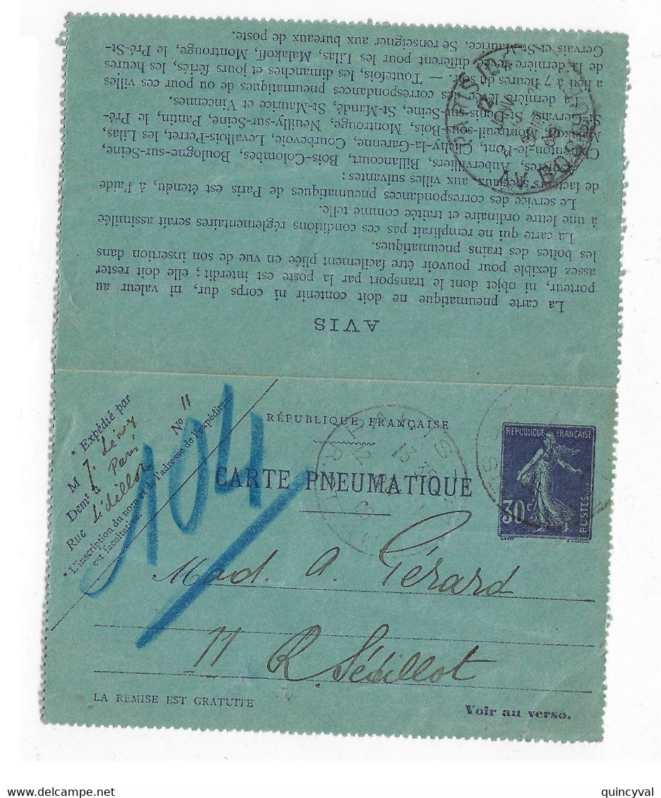 PARIS 111 R St Anne Carte Lettre Pneumatique 30c Semeuse 20 Localités Yv CLPP2 Ob 1909 Dest Paris 104 - Neumáticos