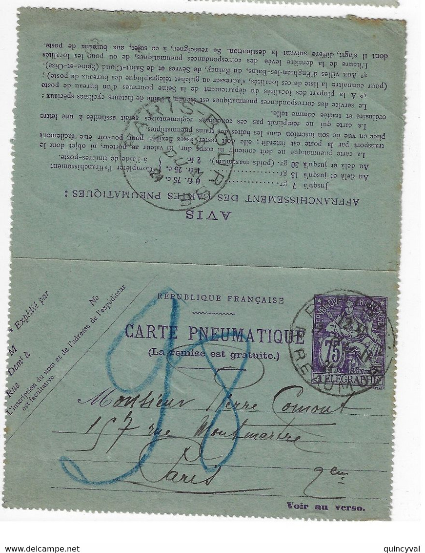 PARIS 116 R Réaumur Carte Lettre Pneumatique 75c Chaplain Ob 7 11 1924 Type Du Yv 2600 Dest Paris Bourse DU - Pneumatische Post