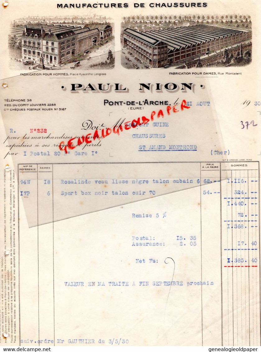 27- PONT DE L' ARCHE- BELLE FACTURE PAUL NION- MANUFACTURE CHAUSSURES-RUE MONTALENT-PLACE HYACINTHE LANGLOIS-1930 - Kleidung & Textil