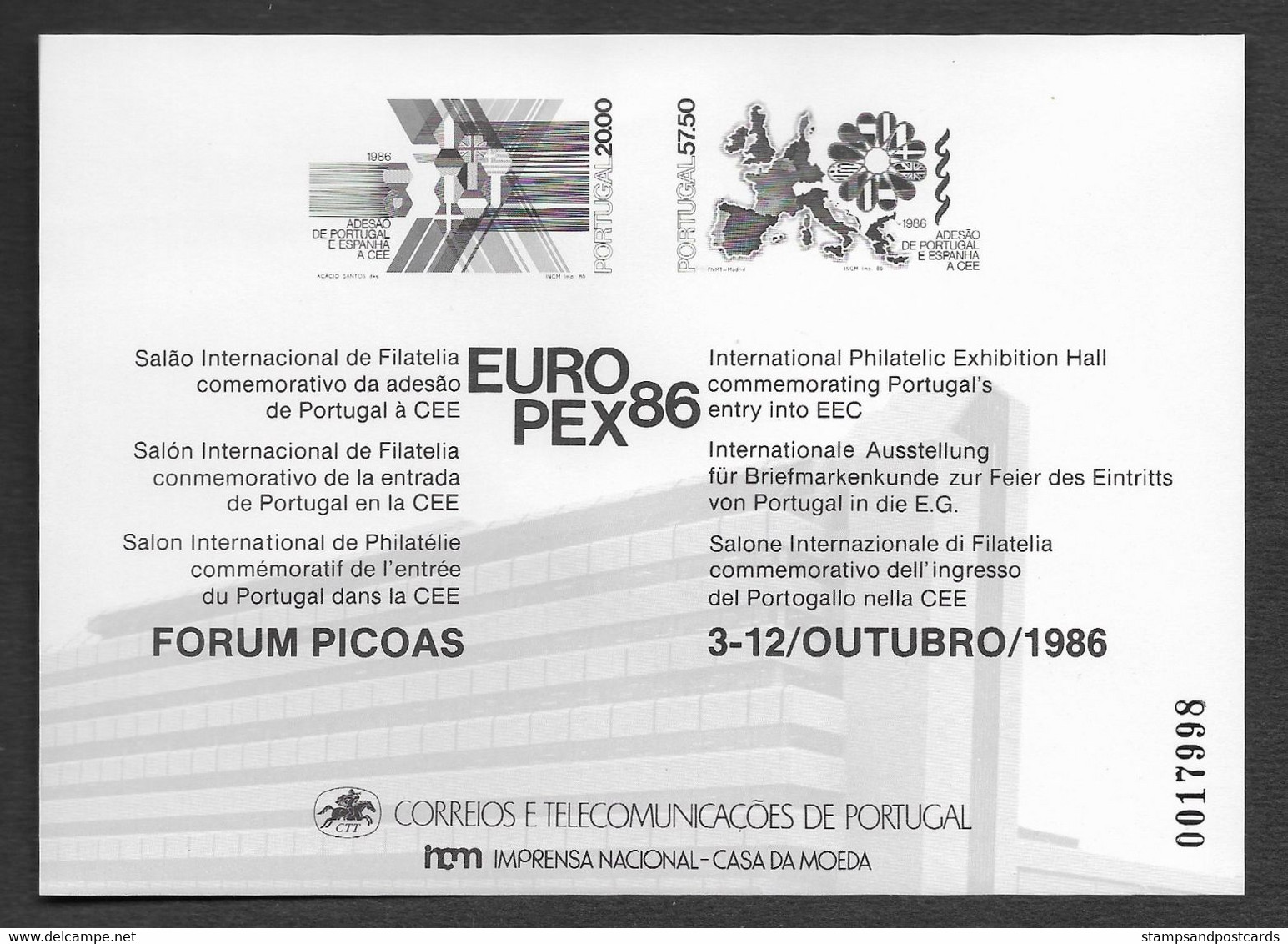 Portugal 1986 Souvenir Proof Europex 86 Entrée Portugal Et Espagne UE Official Black Print Portugal And Spain Joining EU - Probe- Und Nachdrucke