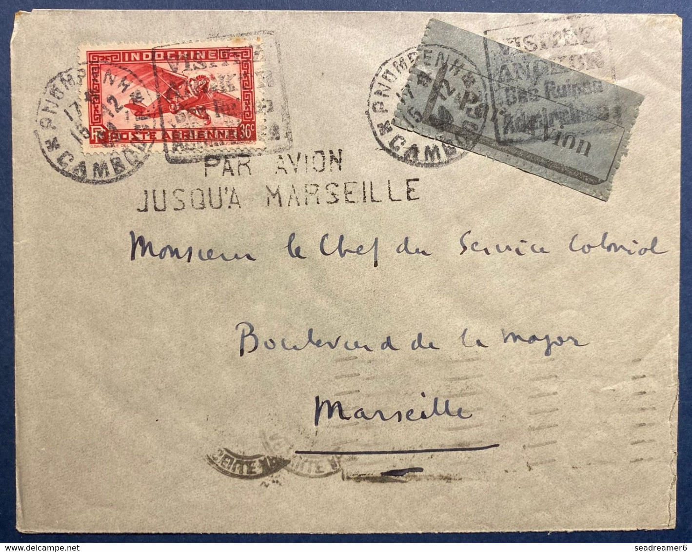 CAMBODGE LETTRE Griffe PAR AVION Jusqu'à Marseille 1933 PA N°8 36c Rose Carminé Dateur De PNOMPENH Pour Marseille TTB - Airmail