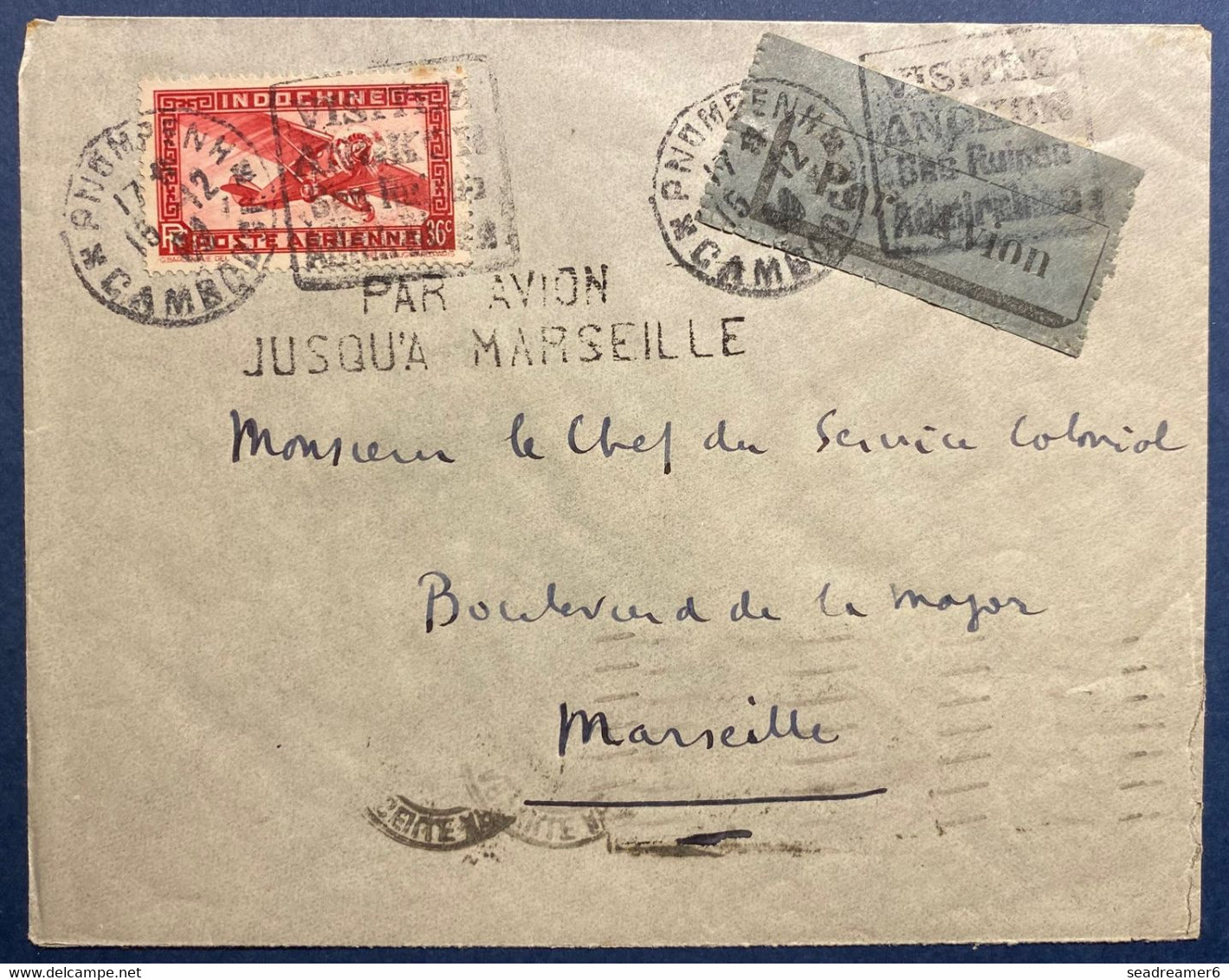 CAMBODGE LETTRE Griffe PAR AVION Jusqu'à Marseille 1933 PA N°8 36c Rose Carminé Dateur De PNOMPENH Pour Marseille TTB - Luchtpost