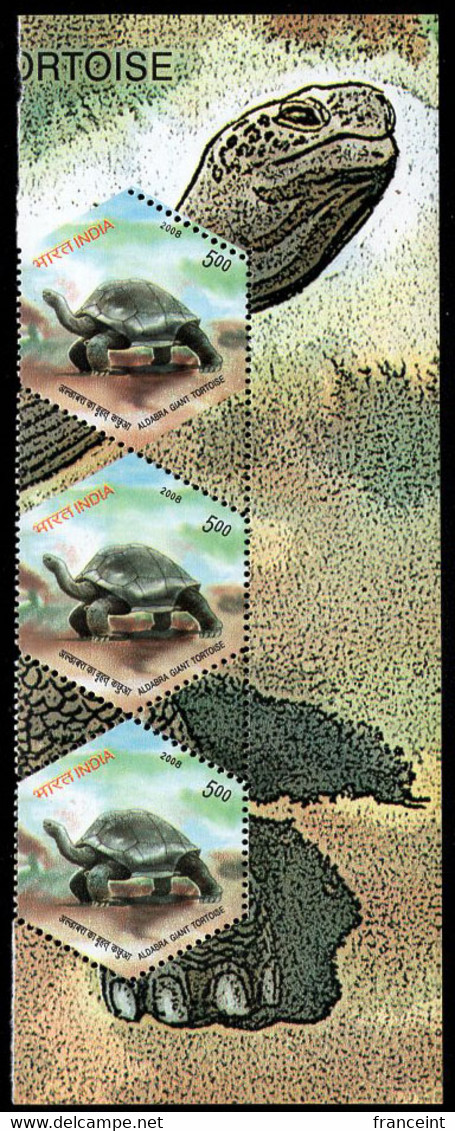 INDIA(2008) Aldabra Giant Tortoise. Strip Of 3 With Perforations Missing From Side Of 2 Stamps. - Errors, Freaks & Oddities (EFO)