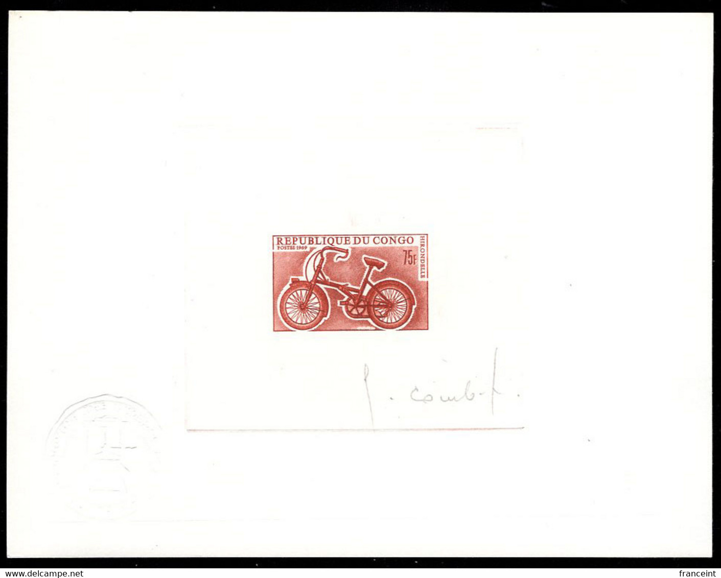 CONGO(1969) Hirondelle Bicycle. Scott No 184. Yvert No 230. Die Proof In Brown Signed By The Engraver COMBET. - Autres & Non Classés