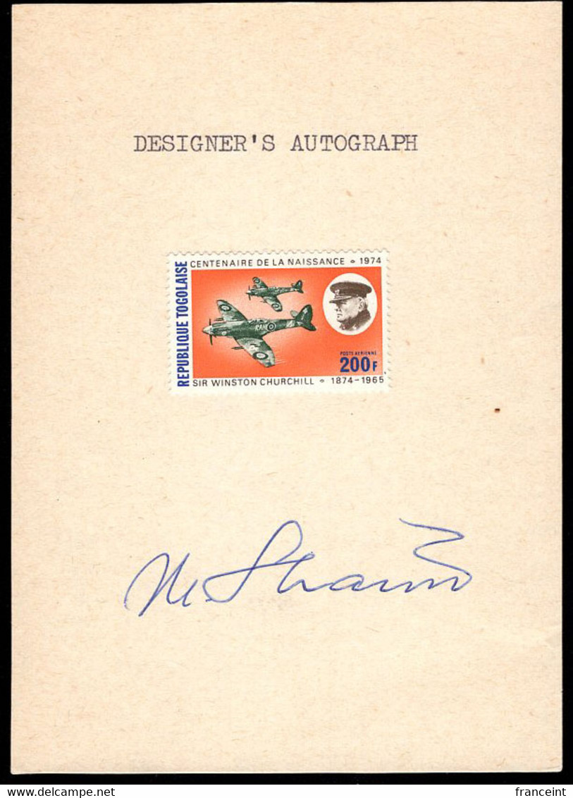 TOGO(1974) Churchill. Fighter Planes. Stamp Mounted On Card With Designer's Autograph. Scott No C241. - Sir Winston Churchill
