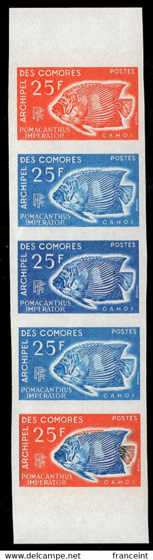 COMOROS(1968) Angelfish. Trial Color Proofs In Strip Of 5 With Multicolor. Scott No 75, Yvert No 48. - Autres & Non Classés