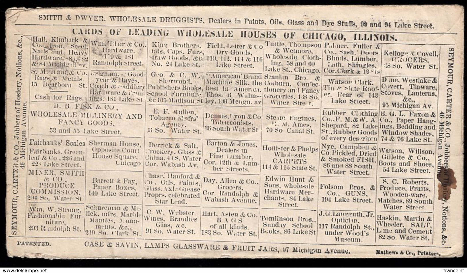 ETATS UNIS(1870) Optique. Vins. Sel. Fusils. Poisson Fumé. Rare Pli Avec Publicités Multiples Au Dos, - Cartes Souvenir