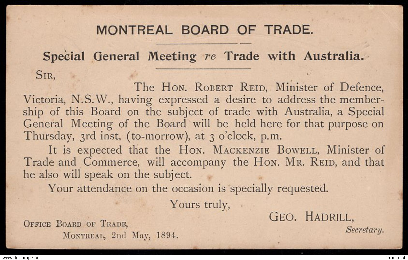 CANADA(1894) Trade And Commerce. Postal Card With Printed Announcement On Reverse For A Special Meeting-Bd Of Trade - 1860-1899 Victoria