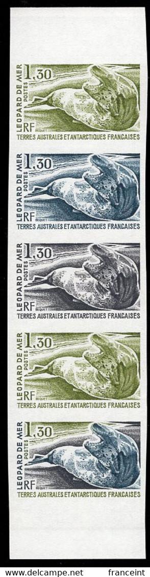 F.S.A.T.(1980) Leopard Seals. Trial Color Proof Strip Of 5. Scott No 92, Yvert No 89. Maury Catalog €550. - Imperforates, Proofs & Errors
